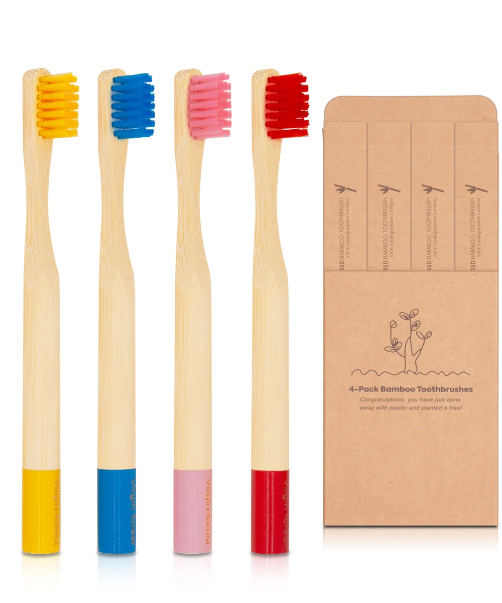 Virgin Forest Kids Bamboo Toothbrushes, Child Size Soft BPA Free Colored Safe Bristles (4 Pack)