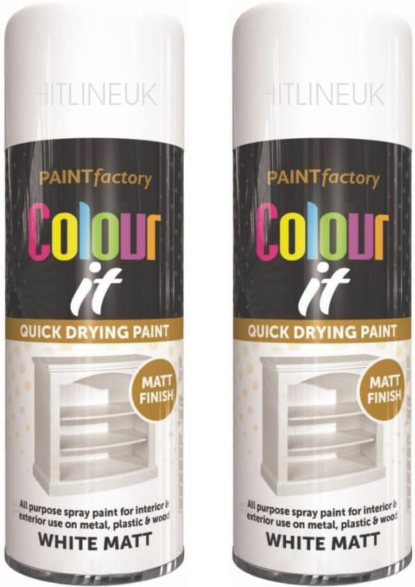 HitlineUK 2x 400ml White Matt Spray Paint Wood Metal Plastic Quick Dry Interior