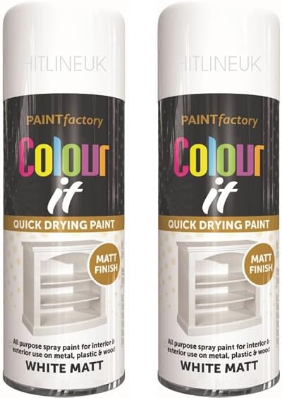 HitlineUK 2x 400ml White Matt Spray Paint Wood Metal Plastic Quick Dry Interior