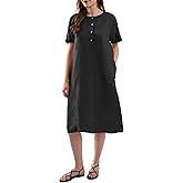 Amazhiyu Womens Pure Linen Summer Short Sleeve Midi Dresses with Pockets