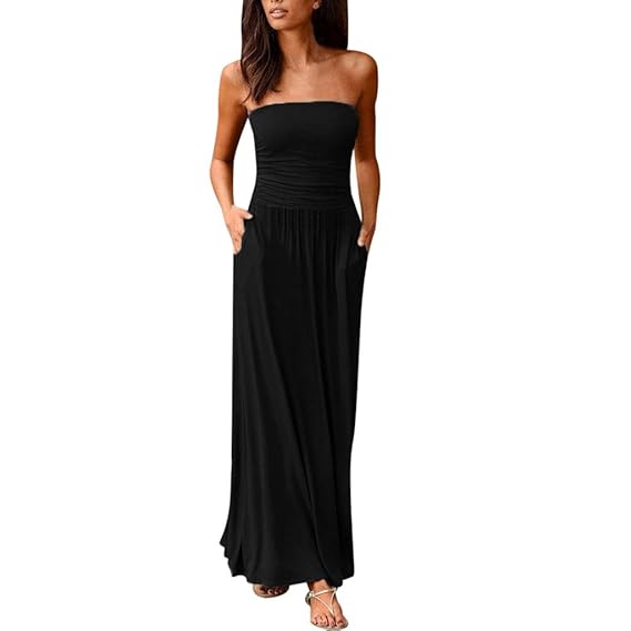 Winjin Femmes Robe Eté Robes Longue Bohème Chic Robe De Plage Maxi Robe De Soirée Casual Robe Bustier Sans Bretelle Robe De Soleil Maternité Grossesse