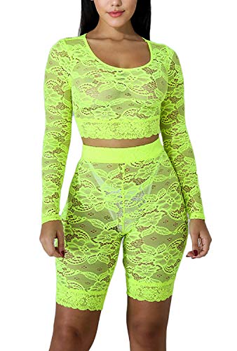 Women See Through Off Shoulder Long Sleeve Fishnet Crop Tops Bodycon Shorts Party Clubwear Tracksuit 2pcs Outfit Set (B-Green lace, L)