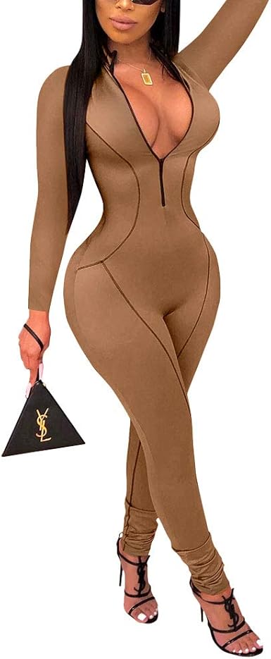 Amazon Com Echoine Women S Sexy Zip Up One Piece Outfits Deep V Neck Long Sleeve Bodycon Long Pants Party Clubwear Jumpsuit Romper Clothing