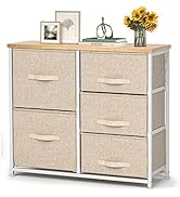 Fabric Dresser with 5 Drawers, Vertical Wide Dresser Storage Tower, Organizer Unit with Wood Top ...