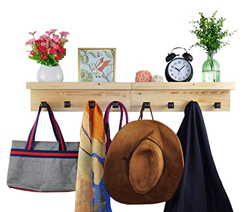 Spiretro Set of 2 Wall Mounted Torched Wood Floating Shelves & Ledge, Coat Hat Rack with Black Metal Pegs Hook to Organizer, Storage, Decorative for Entryway, Hallway, Bedroom, Natural Beige - Thumbnail 3
