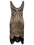 Vijiv Women's 1920s Gastby Inspired Sequined Embellished Fringed Flapper Dress, Black and Gold, Medium