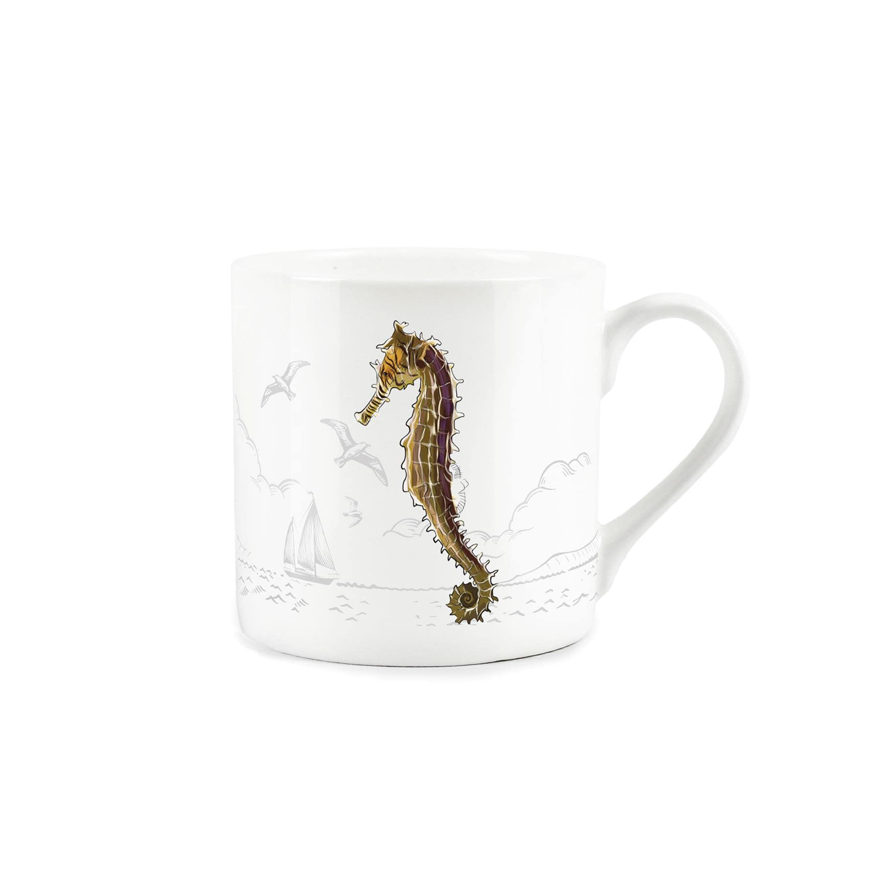 Purely Home Coastal Animals Seahorse Seaside Themed Mug - Fine Bone China White Coffee/Tea Present Gift