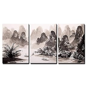 3 Piece Canvas Wall Art - Chinese Landscape Watercolor Painting - Modern Home Art Stretched and Framed Ready to Hang - 16"x24"x3 Panels