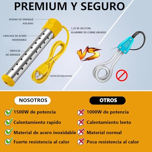 Calentador de Agua de Inmersión 1500W, Calentador de Agua Eléctrico Portátil, Resistencia para Calentar Agua Cubeta, con Acero Inoxidable 304, Termómetro LCD, Cepillo de Limpieza, Calentamiento Rápido