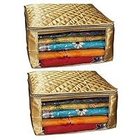 Kuber Industries Saree Cover Set of 2 Pcs Large Size in Golden Satin Wedding Gift