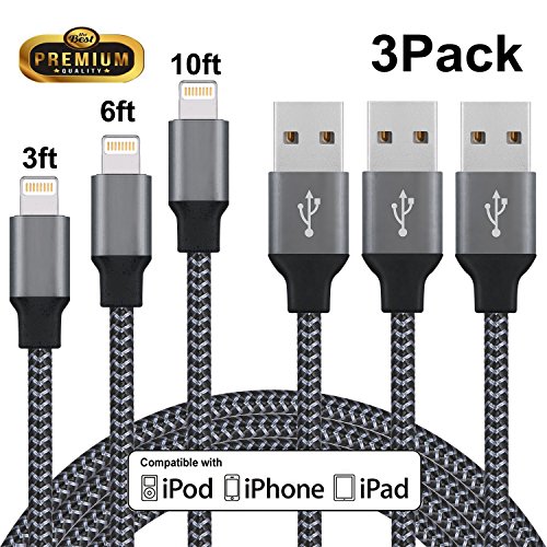 iPhone Charger, Everdigi Lightning Cable 3Pack 3FT 6FT 10FT Nylon Braided Charging Cord Compatible with iPhone X 8 8Plus 7 7Plus 6s 6sPlus 6 6Plus SE 5 5s 5c iPad iPod & More (Black)