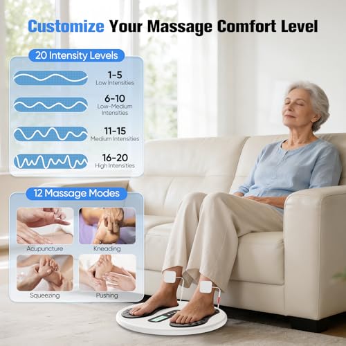 Circulation Stimulator for Feet and Legs, EMS Foot Massager with 8 TENS Pads, 12 Modes and 20 Intensity Levels, Electric Foot Massager Relieves Neuropathies and Circulation