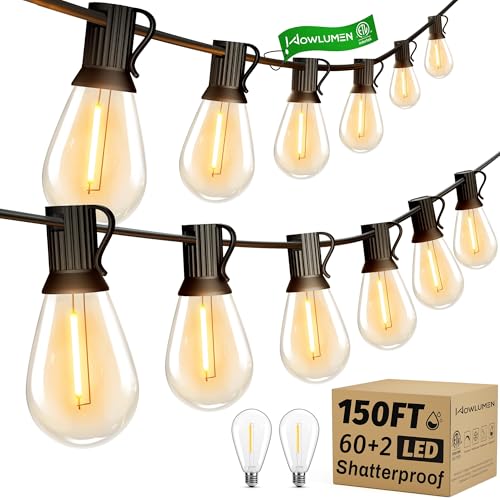 WOWLUMEN 150FT Outdoor String Lights, 62 Tear-drop LED Filament Bulbs, 2200K Cozy Warm, Connectable Hanging Lights for Outside, Shatterproof Waterproof for Patio Backyard Porch Garden Bistro UL Listed