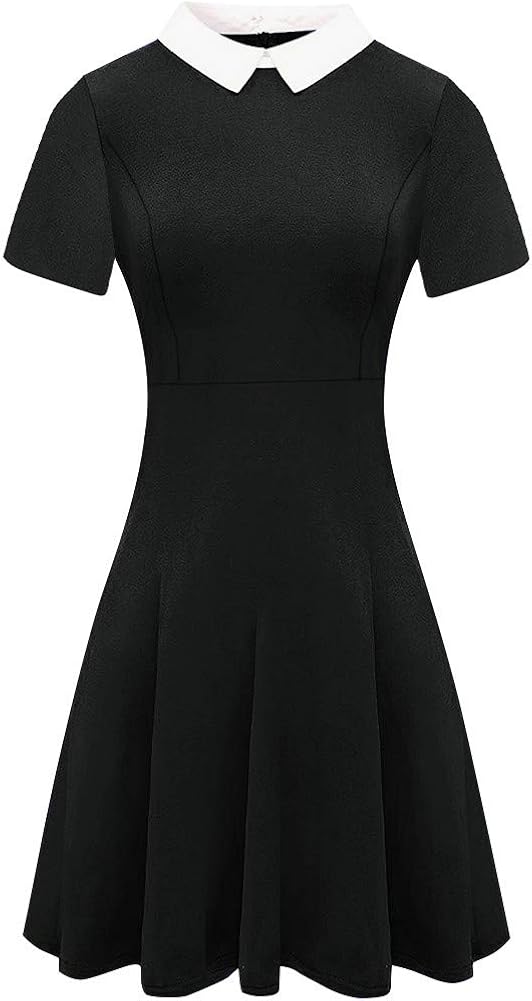 BesserBay Damen Kleid Kurzarm Bubikragen Samt Skaterkleid für