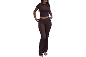 ZFLM Casual Workout Two Piece Outfits for Women Short Sleeve Crop High Waist Foldover Flare Pants Tracksuit Sets Streetwear