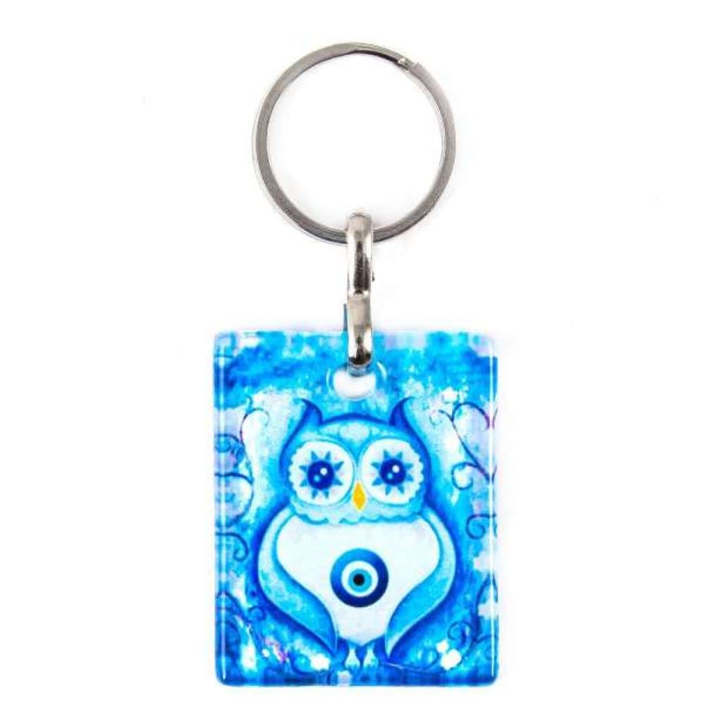 Jeannieparnell 571 - Owl & Lucky Evil Eye Nazar Boncuk Glass Keyring Protection & Good Luck