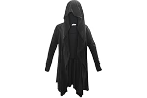 ATAMET Men's Long Hooded Cardigan Ruffle Shawl Collar Drape Cape Overcoat Asymmetric Hem Open Front Hooded Cardigan