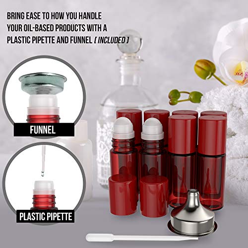 Essential Oil Roller Bottles [Plastic Roller Ball] FREE Plastic Pippette and Funnel - Refillable Glass Color Roll On for Fragrance Essential Oil - 30ml 1 oz (8 PACK, RED) - Thumbnail 6