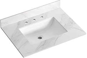 LOCALAND 30" x 22" Bathroom Vanity Top,Sintered Stone Vanity Sink Top with Ceramic Undermount Sink & Backsplash,30 inch Vanity Countertop with 8 Inch Faucet Hole,Calaeatta White