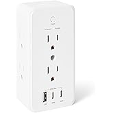 Amazon Basics Wall Mount Surge Protector Power Strip with 9-in-1 Hub, 1080 Joules, 6 AC Outlets, 1 USB-A and 2 USB-C (20W Fast Charging), White