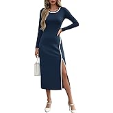 Wenrine Womens Long Sleeve Midi Dress 2025 Casual Fall Crewneck High Slit A Line Contrast Loose Maxi Dresses
