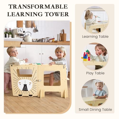 labebe Montessori Tower Kids (98cm Height), Large Size Wooden Folding Montessori Tower, 3 in 1 Kids Desk and Chair Set Transformable with Chalkboard