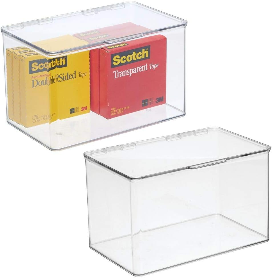 mDesign Plastic Stackable Box Home, Office Supplies Storage Organizer Box with Attached Lid - Holder Container for Note Pads, Gel Pens, Staples, Dry Erase Markers, Tape, 2 Pack - Clear