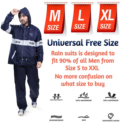 Bulfyss-Double-Layered-Polyester-Rain-Coat-Suit-for-Men-100-Waterproof-for-Bike-Reversible-Lightweight-Raincoat-with-Adjustable-Hood-Bottom-Pants-Free-Size-Blue Bulfyss Men's Rain Coat with Pant (YSRAINSUIT21_Blue_Free Size)
