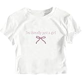 QJQ Girl's Bow Letter Graphic T Shirts Short Sleeve Crewneck Crop Tops Tees Summer Trendy Preppy Cute Clothes