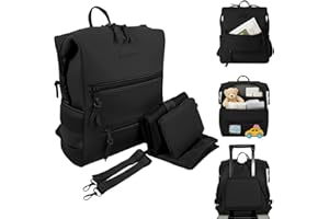 BUNSO Baby Neoprene Diaper Bag, Minimalist Backpack Diaper Bag with Pouch, Changing Pad, and Stroller Straps, Water Resistant and Lightweight Dad Diaper Bag, Diaper Bag Backpack, Black