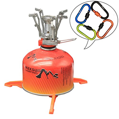 6Pcs Backpacking Cooking System - Bisgear Ultralight Portable Outdoor Camping Stove with Piezo Ignition + Foldable Cooking Gas Tank Stand Cartridge Canister Tripod & 4 Carabiners (Orange)