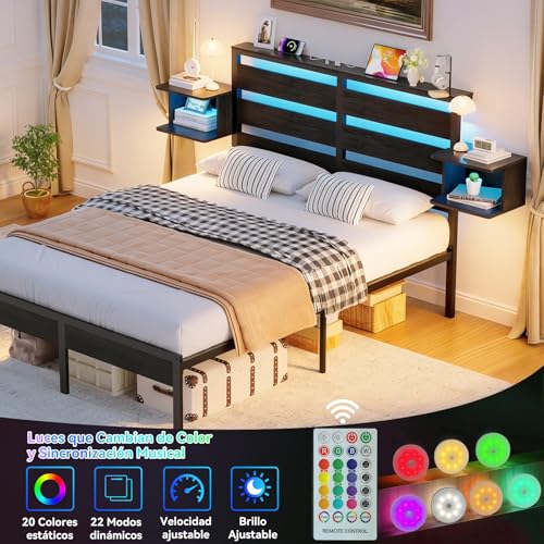 FURRIFIC Cama Matrimonial con 2 Mesitas de Noche Flotantes, Base Matrimonial con Cabecera Almacenamiento, Marco con Luces LED RGB, Estación de Carga, Amplio Espacio Inferior, Estructura de Cama Negra