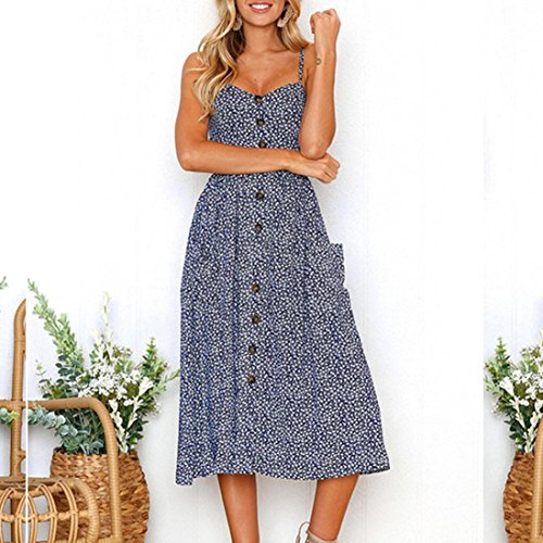 Summer Dresses, Womens Sleeveless Boho Floral Buttons Swing Sundress Spaghetti Strap Beach Dresses (L, Navy one)