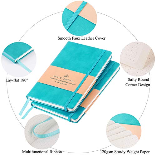 Bullet Journal - Dot Grid Hard Cover Notebook, Premium Thick Paper with Fine Inner Pocket, Mint Smooth Faux Leather, 5''×8.25''