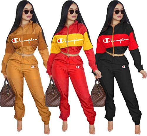 Womens Two Piece Outfits Tracksuit Set Casual Letter Print Blazer Crop Jacket Top and Pants Jumpsuit
