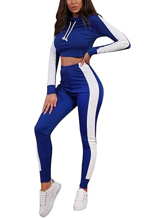 Minetom Damen Sportanzüge Jogginganzug Sport Sets Hosen und Crop Top Kapuzenpullover Hoodie Bekleidungssets Langarm Yoga Outfit Streifen Jogginghose Leggings