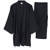 Men's Japanese Style Robes Thin Kimono Pajamas Suit Meditation Set-Navy-Size XL