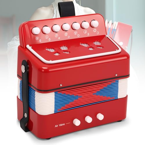 Acordeão para Iniciantes com 7 Teclas e 2 Botões, Acordeão Vermelho Compacto, Instrumento Musical Leve para Estudo e Prática