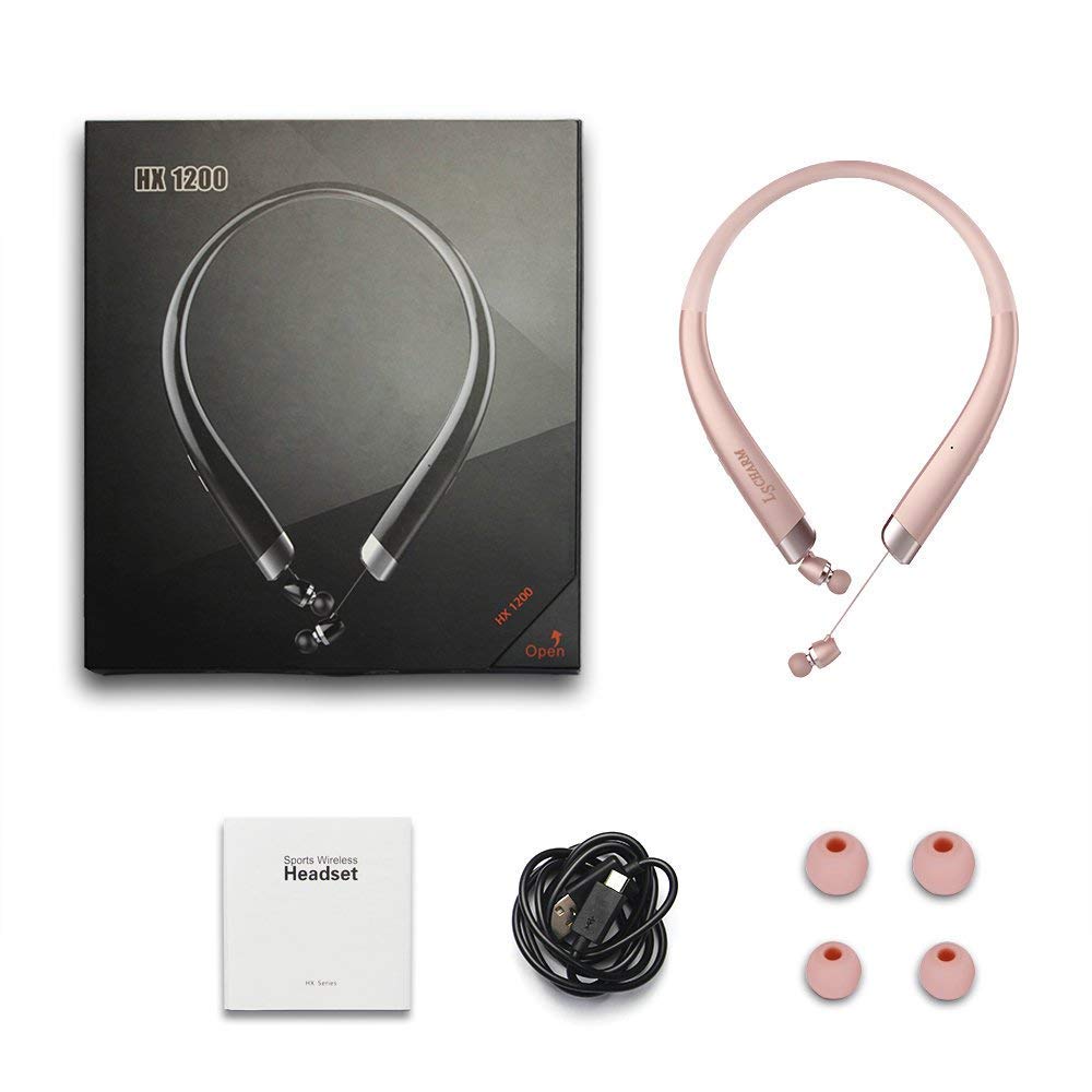 Bluetooth Headphones Retractable, LSCHARM Sport Wireless Stereo Neckband Headset Retractable Earbuds Noise Cancelling with Mic (Rose Gold)