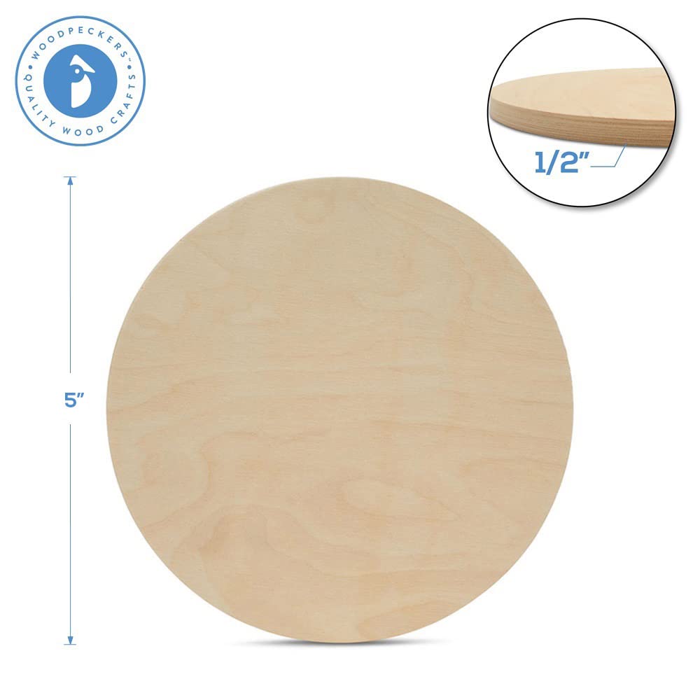 Wood Circle Disc 5 inch Diameter, 1/2 inch Thick, Birch Plywood, Pack of 1 Unfinished Round Wooden Circles for Crafts by Woodpeckers