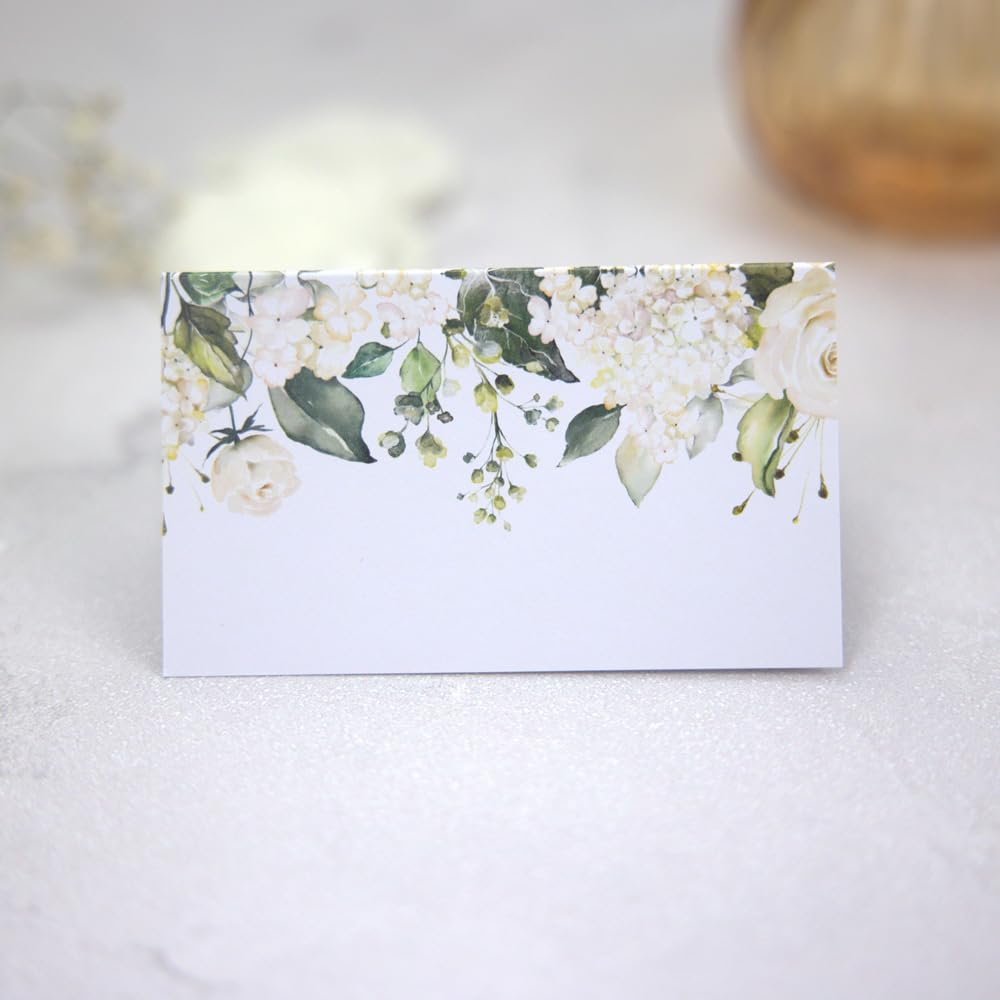 Dotty about Paper White Flower Garland - Ready to Write Wedding Place Cards - Pack of 10. Floral, Greenery, Foliage, Elegant. Pefect For Friends and Family. Any Occasion (17 0012)