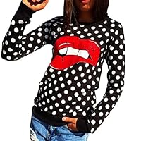 Women Red Lips Print Long Sleeve Sweatshirt Hoodie Top