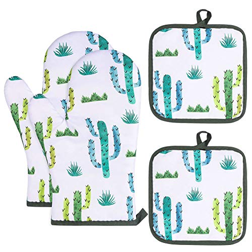 AhlsenL Heat Resistant Oven Mitts + 2 Cotton Pot Holders Non Slip Oven Gloves for Kitchen Cooking Baking, BBQ, Grilling Machine Washable(Cactus) - Thumbnail 6