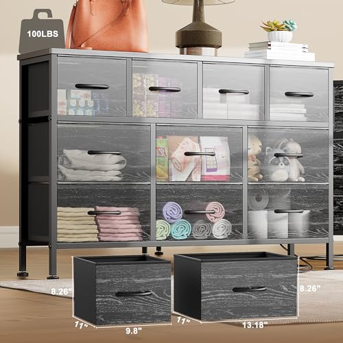Lulive Dresser for Bedroom, 10 Drawer TV Stand with Power Outlet, Entertainment Center Chest of Drawers for 55 Inch Long TV, Wide Fabric Dresser for Storage & Organization (Black Wood Grain)