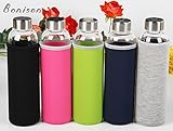 BONISON Stylish Top Level Quality Environmental Borosilicate Glass Water Bottle with Colorful Nylon Sleeve (18oz)
