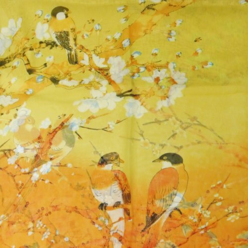 Wrapables Floral Bird Print Polyester and Silk Oblong Scarf, Sunglow