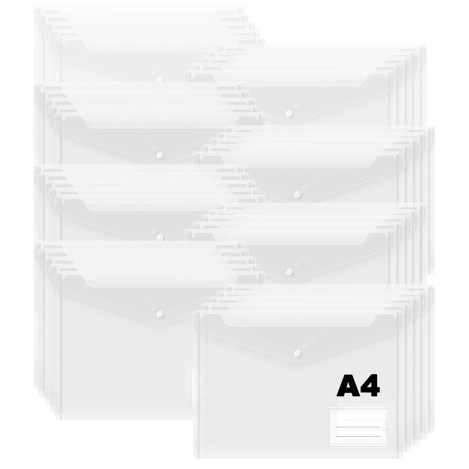 Oungy 40 PCS A4 Plastic Wallets, Clear Plastic A4 Wallets with Popper, Envelope Wallet with Label Pocket, Popper Document Folders for Home, Office, School, Travel
