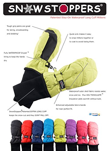 SnowStoppers Kid's Waterproof Stay On Winter Nylon Mittens Small / 1-3 Years Lime Green - Thumbnail 3