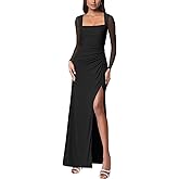 Women Mesh Long Sleeve Square Neck Ruched Sheath Formal Evening Maxi Dress Cocktail Party Wedding Guest Dresses