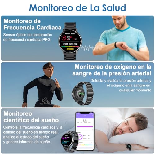 E T EASYTAO | Smartwatch Hombre, Reloj Inteligente, IP68, Monitor De Frecuencia Cardíaca/Oxígeno en Sangre/Presión Arterial, Múltiples Modos Depor (Correa Doble: Metal + Silicona)